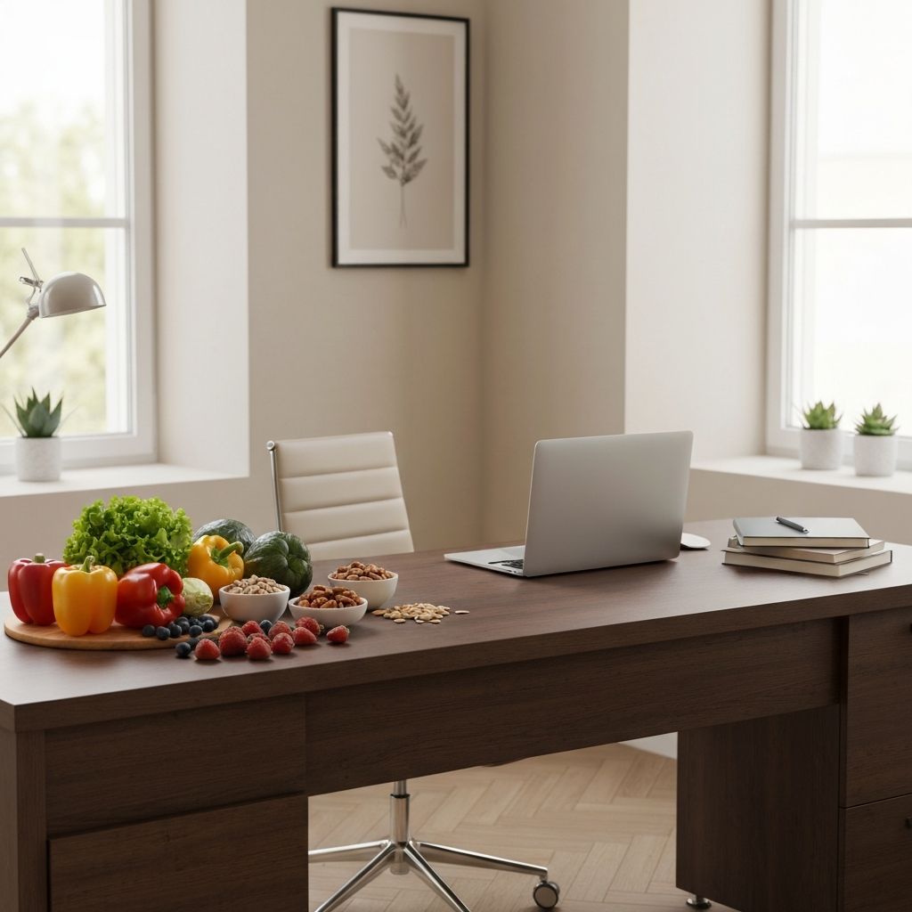 Professional nutrition consulting workspace with fresh ingredients